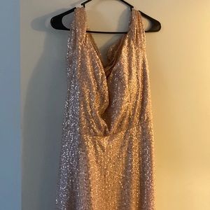 Rose gold sequence off the shoulder dress with pockets